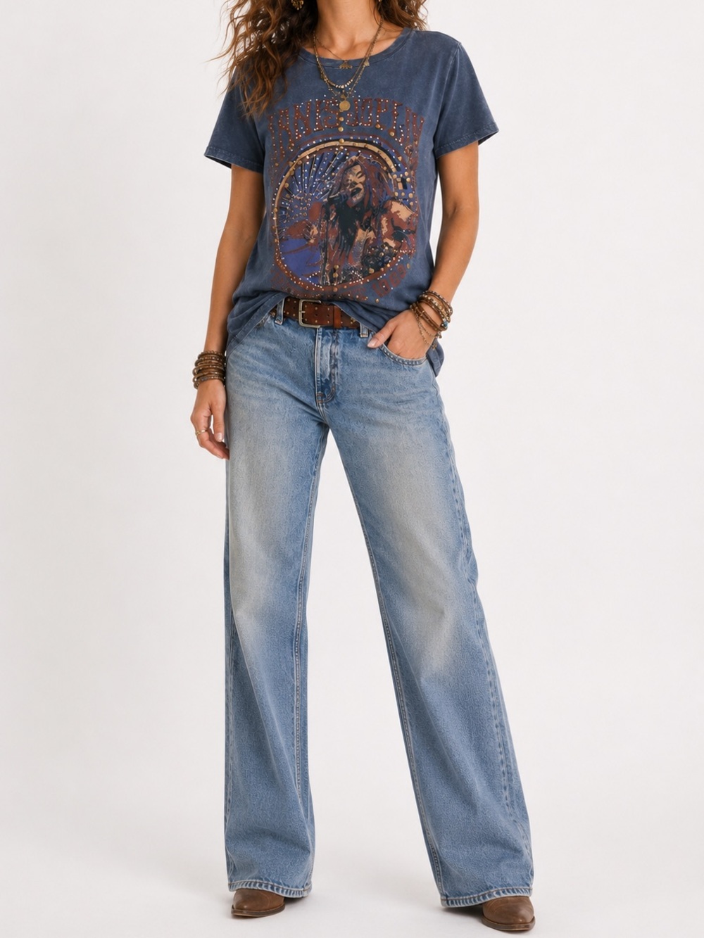 LUCKY BRAND Women’s Janis Joplin Tee-Size Large-Studded Graphic Rock Boho Shirt - Picture 2 of 12